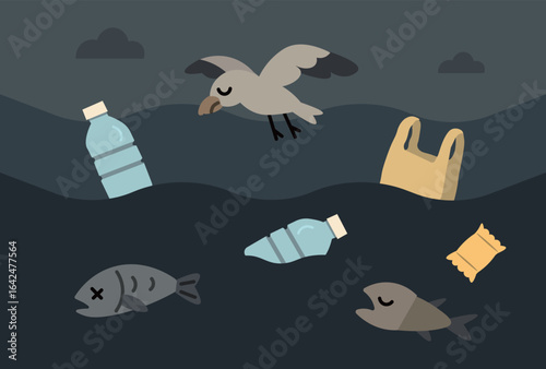 An illustration showing the harmful effects of marine pollution, featuring dead fish, a seabird, and floating plastic waste such as bottles, a bag, and snack packaging in dark ocean waters. Suitable f