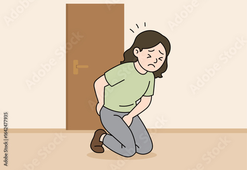 An illustration of a woman experiencing severe urinary urgency, holding her lower abdomen in discomfort. Suitable for use in medical and health awareness materials, urology-related articles, education