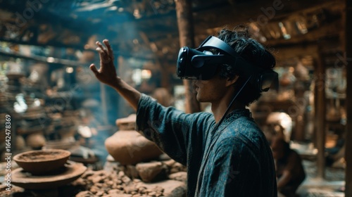 Wallpaper Mural Focused medium shot of a VR user reaching out to touch a virtual ancient artifact in their ancestral village with softly blurred scenes of traditional craftspeople around. Torontodigital.ca