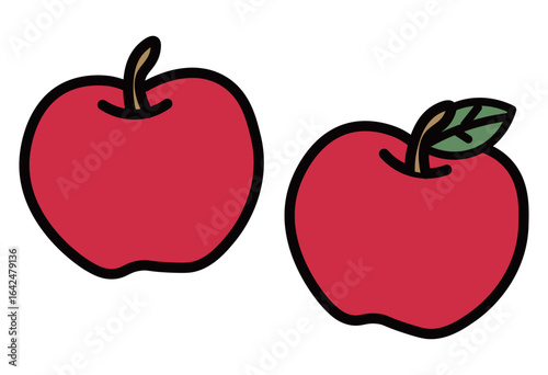 A simple flat-style illustration of two red apples. One has a leaf and the other does not. Ideal for autumn harvest, fruit designs, recipe illustrations, healthy food concepts, and packaging designs.