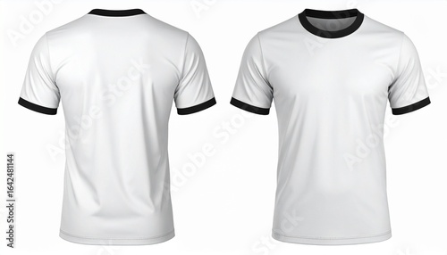 White ringer t-shirt with black collar and sleeve trim. Blank apparel mockup template, front and back view isolated on white background.