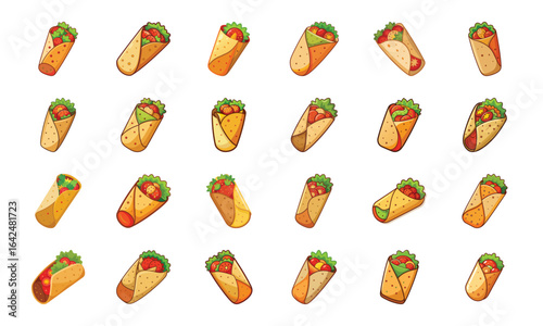 Fresh Mexican Burrito with Meat, Vegetables, Rice, and Cheese Wrapped in Tortilla Isolated on White Background – Tasty Fast Food Illustration for Menu and Advertising