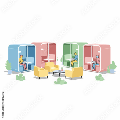 Modern co-working spaces offer private pods and comfortable seating for collaborative work environments