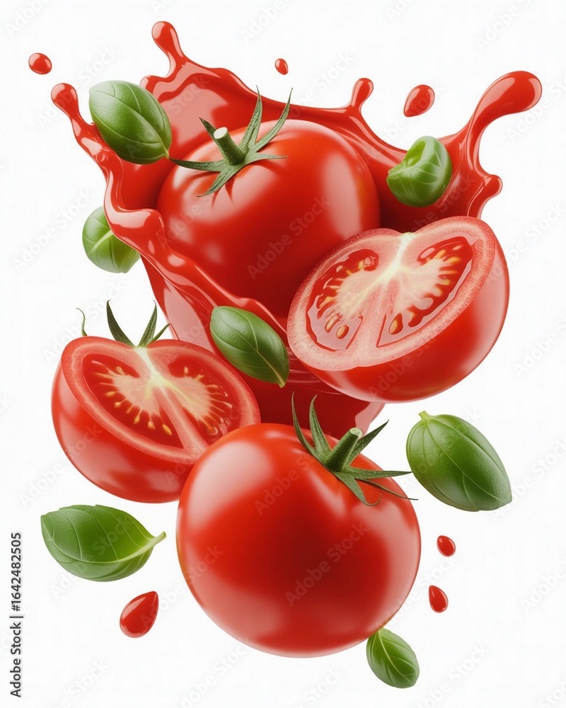 Fototapeta premium Fresh tomatoes basil leaves juice splash white background