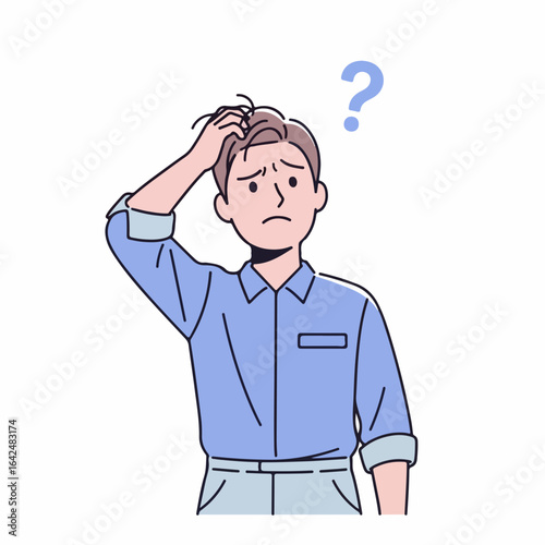 Confused young man scratching head with question mark, seeking answers and clarity for decisions