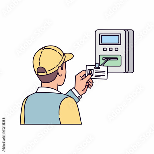Worker uses access card to enter secure building, modern technology for access control and security