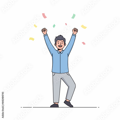 Man cheering with raised arms celebrating success amidst colorful confetti, feeling triumphant and excited.