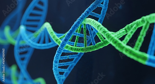 Abstract close up of a DNA double helix structure with blue and green strands symbolizing genetics and scientific research in a modern digital representation