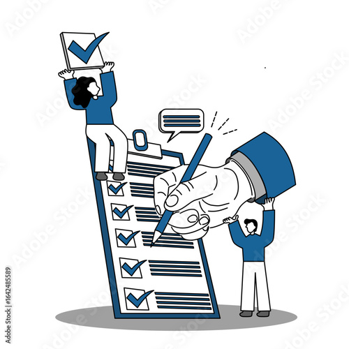 Man and woman checking a checklist together, teamwork and accuracy concept, flat vector illustration.