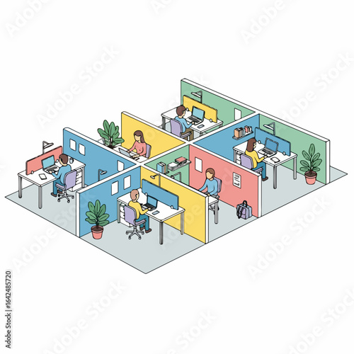 Dynamic office environment with diverse professionals collaborating in modern cubicles, fostering productivity and teamwork.