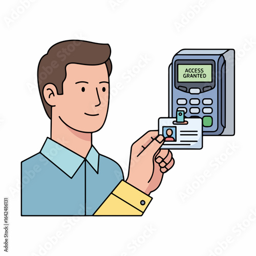 Man uses access card on security scanner for entry, granting secure building access