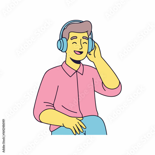 Joyful man wearing headphones, happily listening to music, feeling relaxed and content.