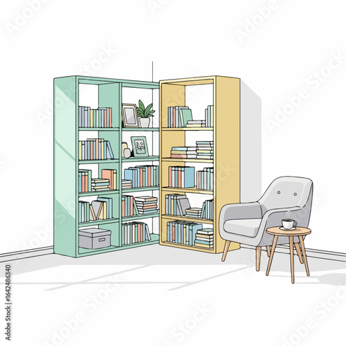 Cozy reading nook with stylish armchair and abundant bookshelves creates a perfect home library escape.