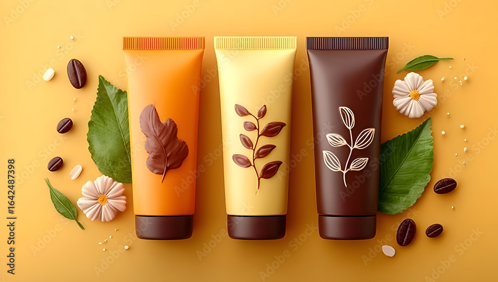 Fototapeta premium Colorful cosmetic tubes with botanical illustrations on a vibrant yellow background, surrounded by natural elements and coffee beans.