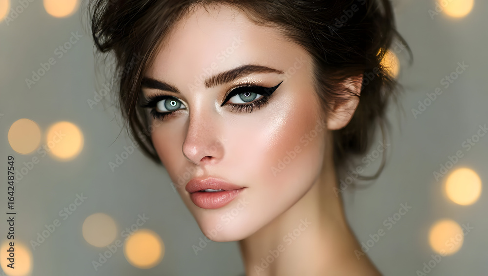 Fototapeta premium Stunning portrait of a woman with captivating eyes and elegant makeup against a soft, bokeh background, highlighting beauty and confidence.