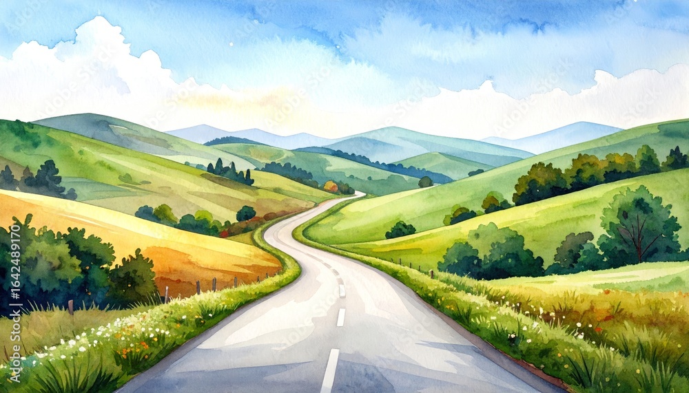 Obraz premium A breathtaking artistic masterpiece depicting a winding road carving its path through majestic towering mountains a journey into the heart of nature s grandeur and serene beauty.