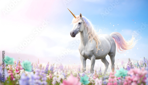 Magical Unicorn Standing Gracefully in a Colorful Field of Flowers Under a Clear Blue Sky