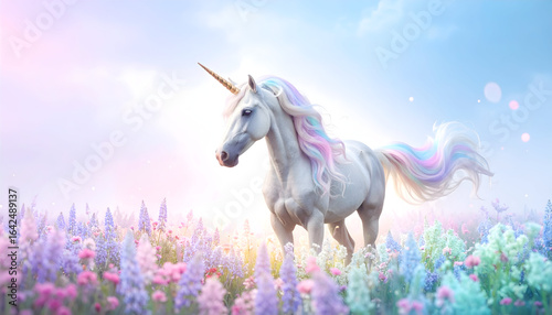Majestic Unicorn Standing Among Vibrant Pastel Flowers in a Dreamy Ethereal Landscape