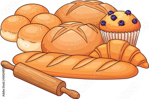 Cartoon Bakery Bread and Pastry Set with Rolling Pin – Baguette, Croissant, Muffin, and Bread Loaves Vector Illustration

