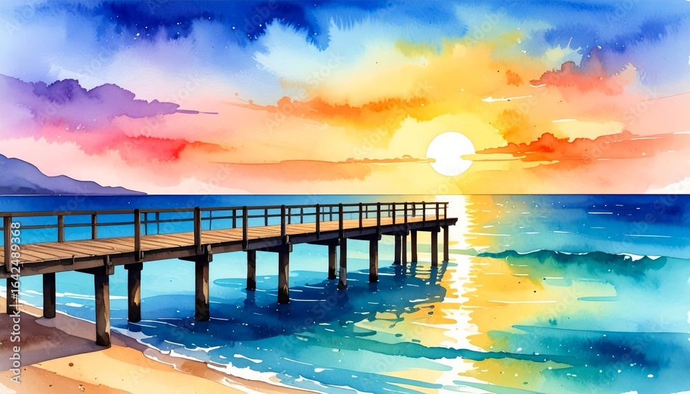 Obraz premium A serene watercolor painting capturing the tranquil beauty of a wooden pier extending into the calm ocean water during a vibrant and colorful sunset with reflections on the surface.