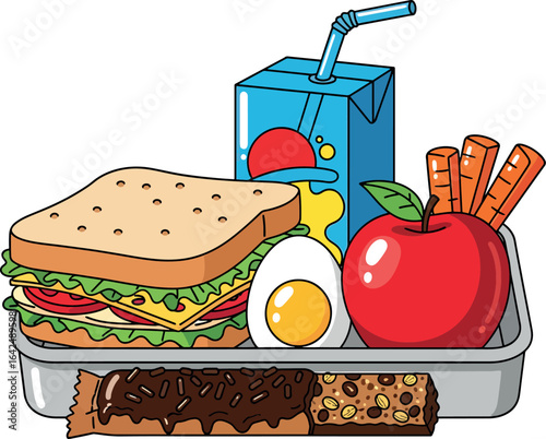 Cartoon School Lunch Tray with Sandwich, Juice Box, Apple, Egg, Snack Bar, and Breadsticks – Healthy Kids Meal Illustration
