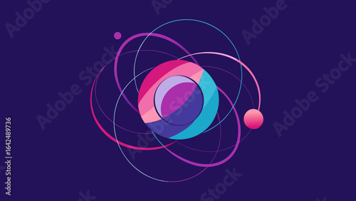Abstract Atom Model with Orbiting Rings and Planets in Purple and Pink Gradient science technology