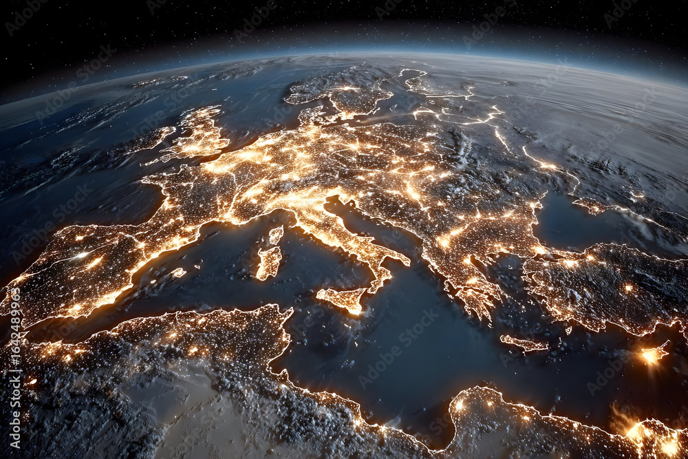 Fototapeta premium Stunning view of Europe at night from space, showcasing sparkling city lights and natural landscapes against a starry backdrop.