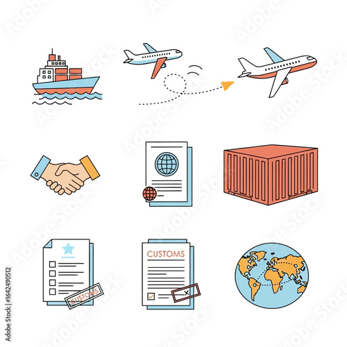 Colorful line art icon set for global logistics, shipping, and customs procedures.