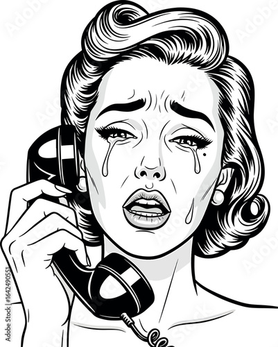Retro Pop Art Woman Crying on Phone – Black and White Vintage Comic Style Emotional Illustration