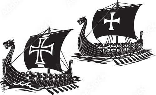 Silhouette of Viking Ships with Dragon Heads and Cross Sails – Ancient Norse Longboat Vector Illustration