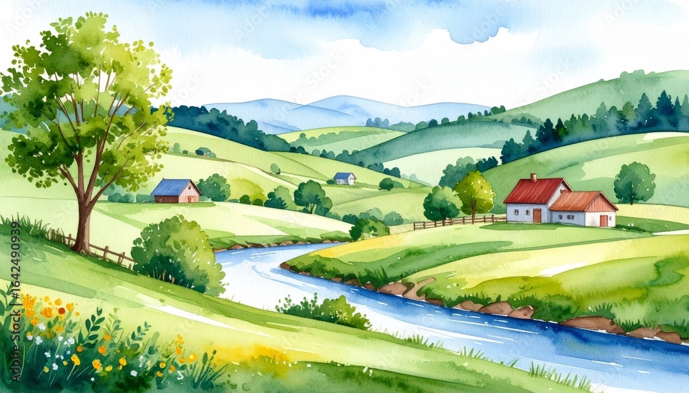 Fototapeta premium A serene watercolor landscape painting depicting a charming house nestled by a gently flowing river surrounded by lush greenery and a tranquil picturesque countryside setting.