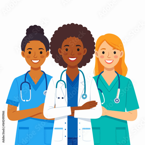 Confident team of diverse female doctors and nurses in uniform with stethoscopes, smiling warmly.