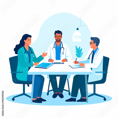 Three smiling doctors, a woman and two men, in a collaborative medical meeting at a white table.