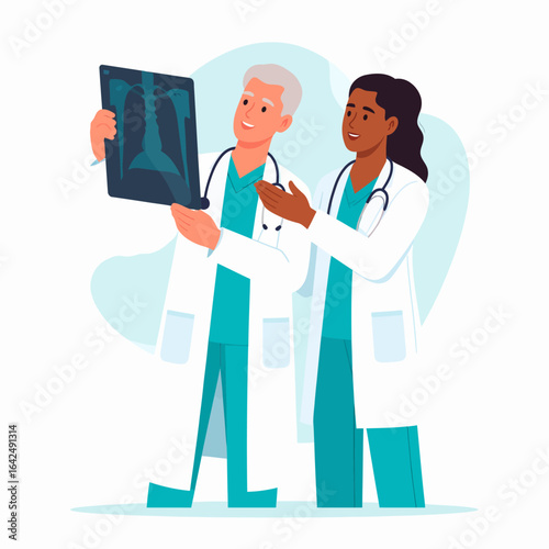Two diverse doctors in white lab coats and teal scrubs collaboratively examining a patient's chest X-ray.