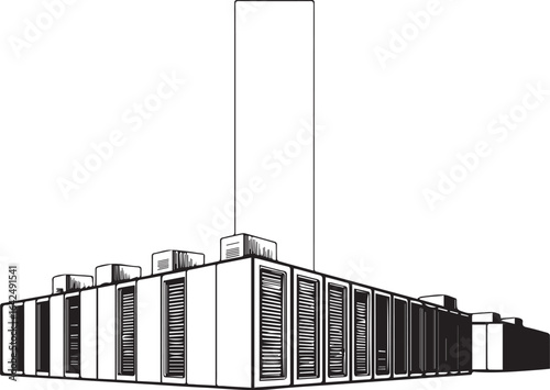 Architecture coloring page for kids and adults, black and white data center sketch line art vector illustration
