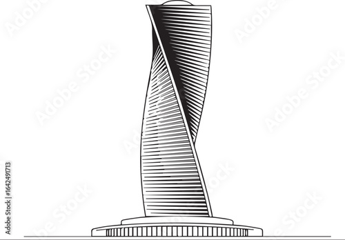Architecture coloring page for kids and adults, black and white building tower sketch line art vector illustration