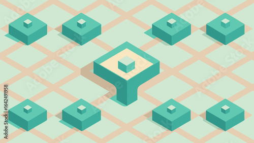 Geometric Isometric Grid With Central Teal Cubes And Peach Lines pattern background