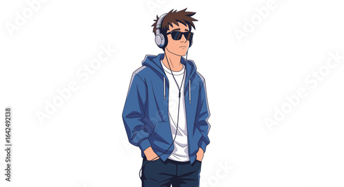 A casual young man wearing a hoodie, sunglasses, and headphones, listening to music. A concept of modern youth lifestyle and relaxation.