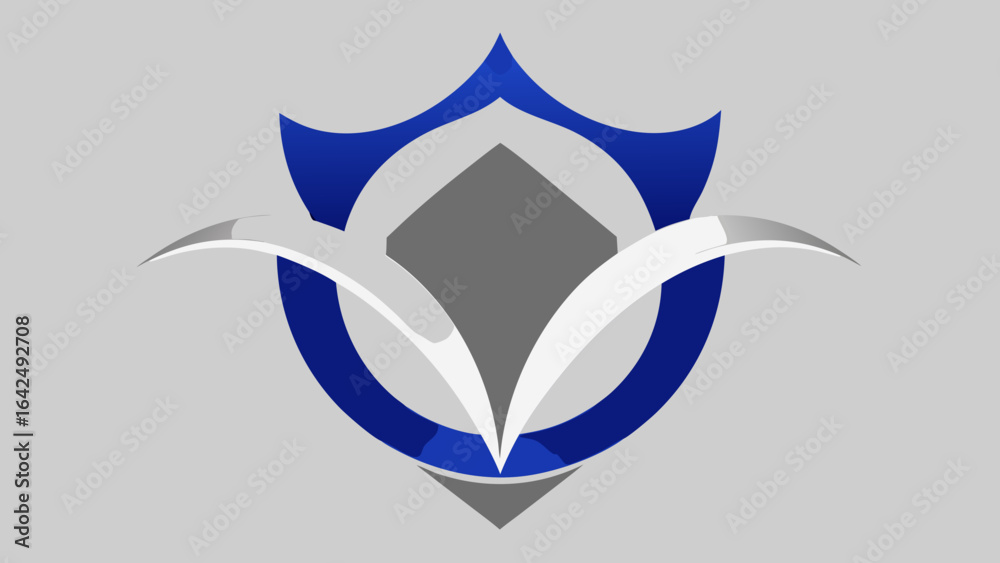 Shield Shaped Logo With Blue Silver And Grey Elements On Grey Background emblem symbol Shield Shaped Logo With Blue Silver And Grey Elements On Grey Background emblem symbol