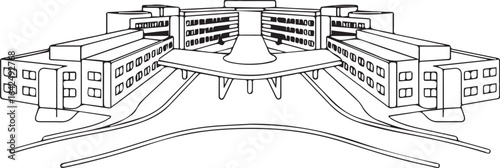 Architecture coloring page for kids and adults, black and white building sketch line art vector illustration