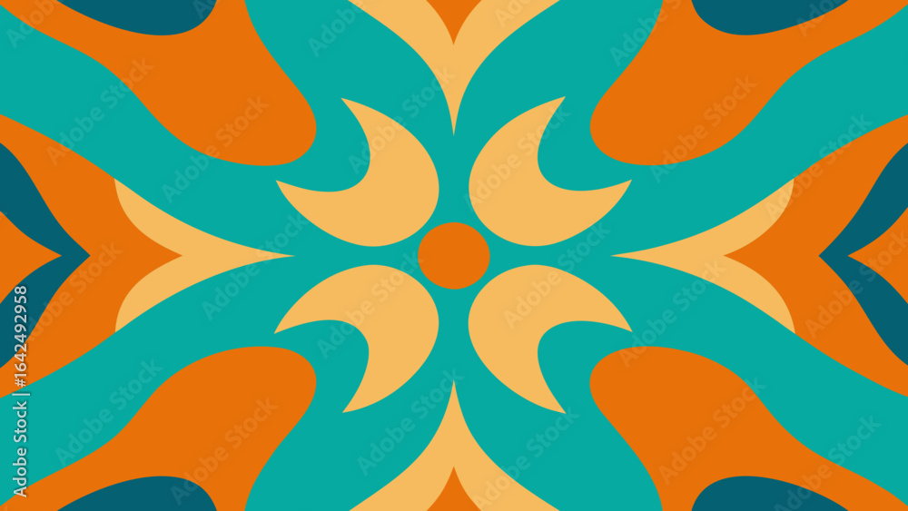 Fototapeta premium Symmetrical Abstract Pattern with Orange Teal and Beige Curved Shapes Keywords: abstract, pattern, symmetrical, design, graphic, art