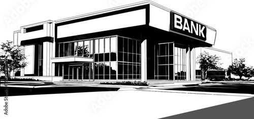 sketch of a bank building, urban office design hand drawn comic style black and white illustration