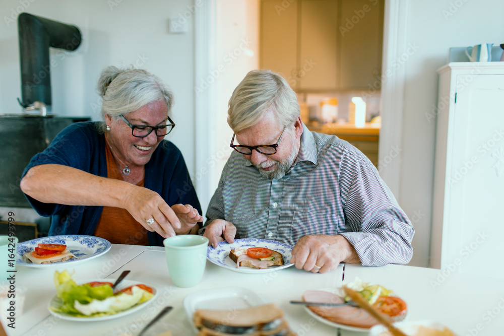 Happy senior couple making sandwiches together at home kitchen table Happy senior couple making sandwiches together at home kitchen table