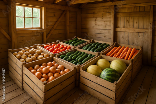 Photo of a farm warehouse made from environmentally friendly products with good ventilation; wooden boxes contain watermelons, melons, zucchini, potatoes, carrots, tomatoes, cucumbers.
