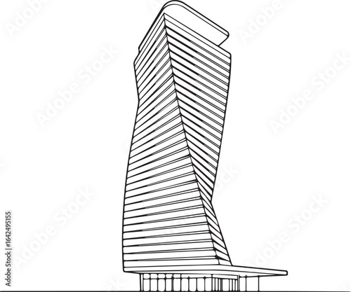 Architecture coloring page for kids and adults, black and white building tower sketch line art vector illustration
