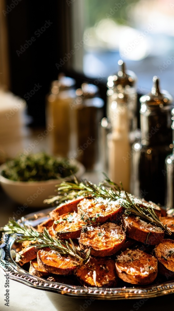 Naklejka premium Closeup Appetizing Sweet Potato Slices Topped with Rosemary and Parmesan on Silver Tray