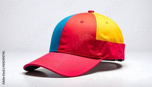 Vibrant Multicolored Baseball Cap Featuring Red Blue and Yellow Panels on a Simple Background