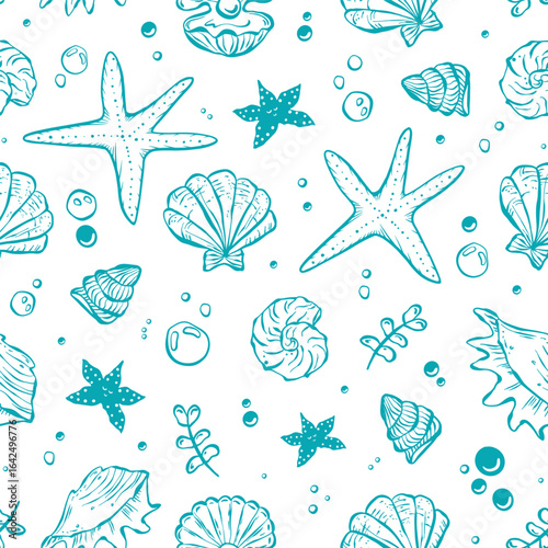Hand drawn nautical pattern in turquoise. Shells, bubbles, starfish, pearls in a repeating seamless pattern with sea life.