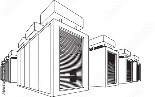 Architecture coloring page for kids and adults, black and white data center sketch line art vector illustration