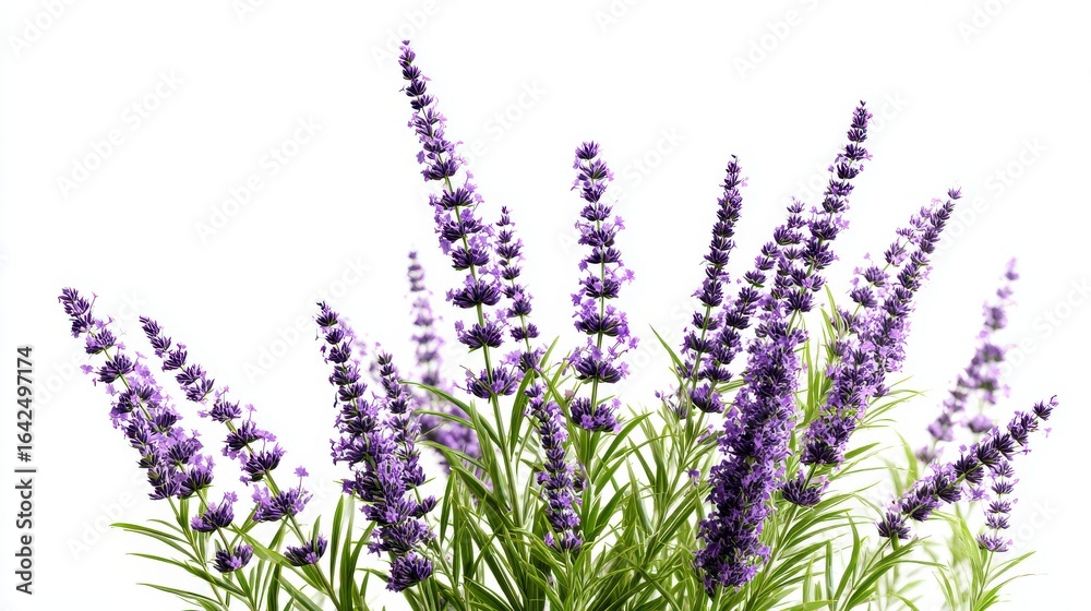 Naklejka premium Lavender Flowers in Full Bloom with Green Leaves Against a White Background, CloseUp View